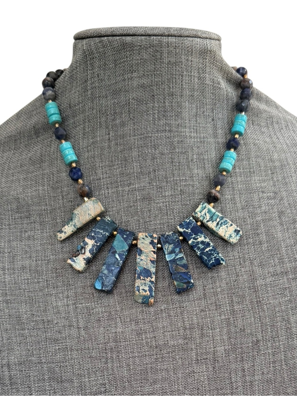 Boho Natural Stone Statement Necklace Turquoise Jasper Slab Choker 17” Blue